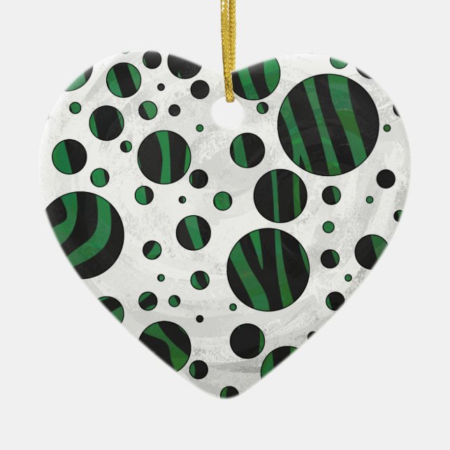 Zebra Black and Green Polka Dot Ceramic Ornament (Front)