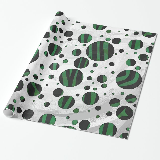 Zebra Black and Green Polka Dot Wrapping Paper (Unrolled)
