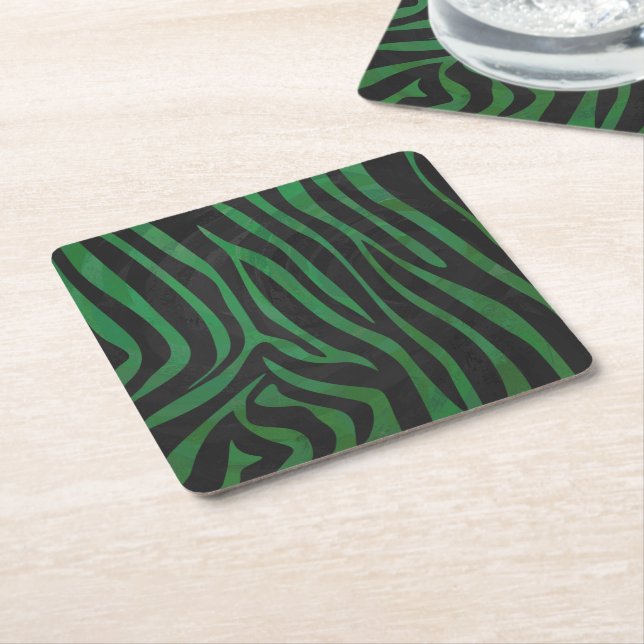 Zebra Black and Green Print Square Paper Coaster (Angled)