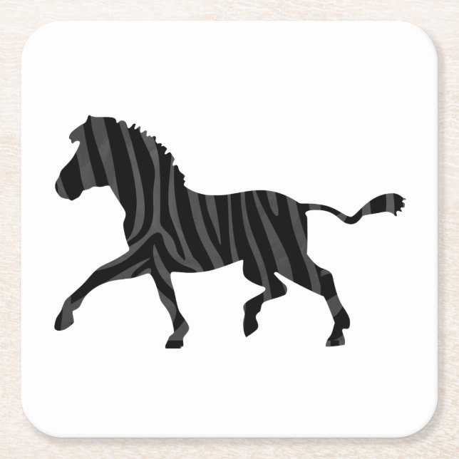 Zebra Black and Grey Print Silhouette Square Paper Coaster (Front)