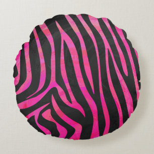Zebra Black and Hot Pink Print Round Pillow