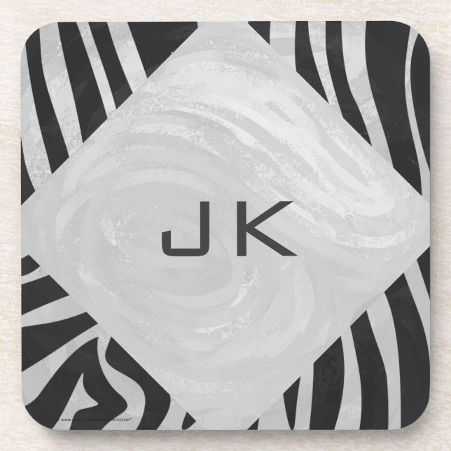 Zebra Black and Light Grey Monogram Coaster (Front)