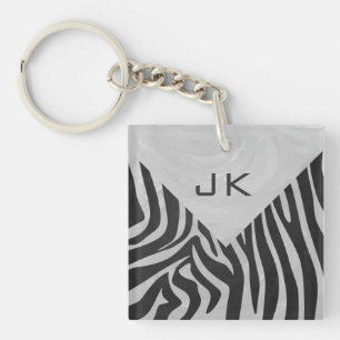 Zebra Black and Light Grey Monogram Keychain