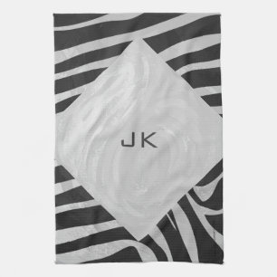 Zebra Black and Light Grey Monogram Kitchen Towel