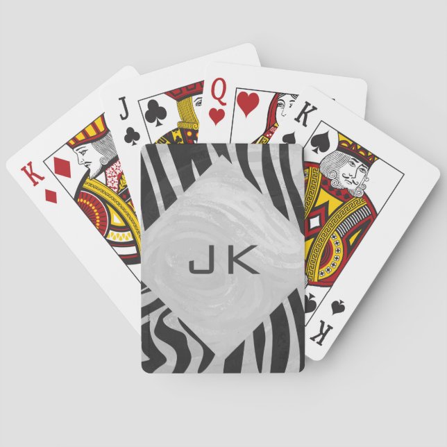 Zebra Black and Light Grey Monogram Playing Cards (Back)