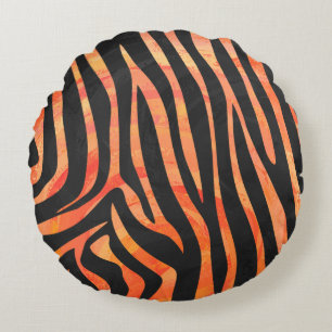 Zebra Black and Orange Print Round Pillow
