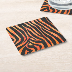 Zebra Black and Orange Print Square Paper Coaster