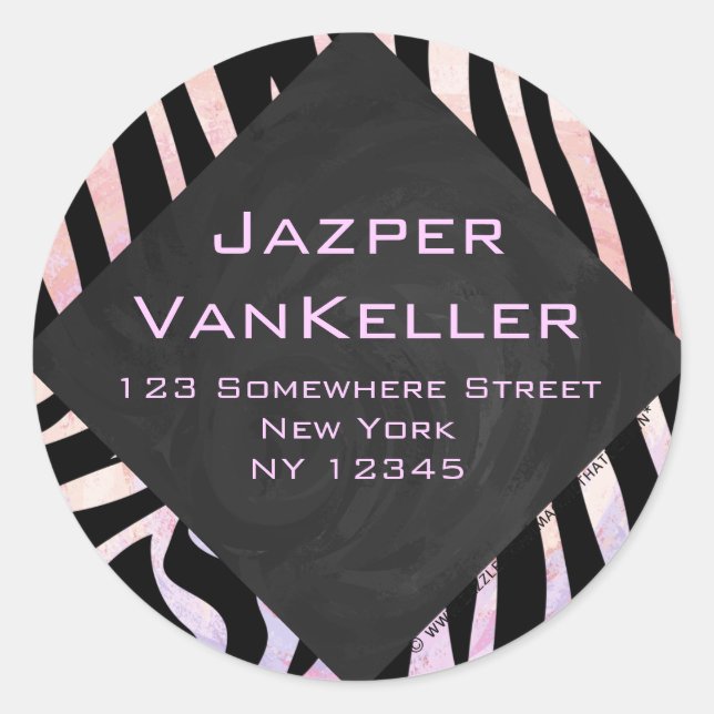Zebra Black and Pink Monogram Classic Round Sticker (Front)