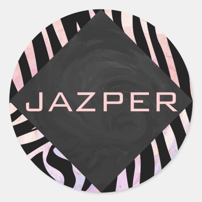 Zebra Black and Pink Monogram Classic Round Sticker (Front)
