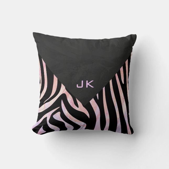 Zebra Black and Pink Monogram Throw Pillow (Front)