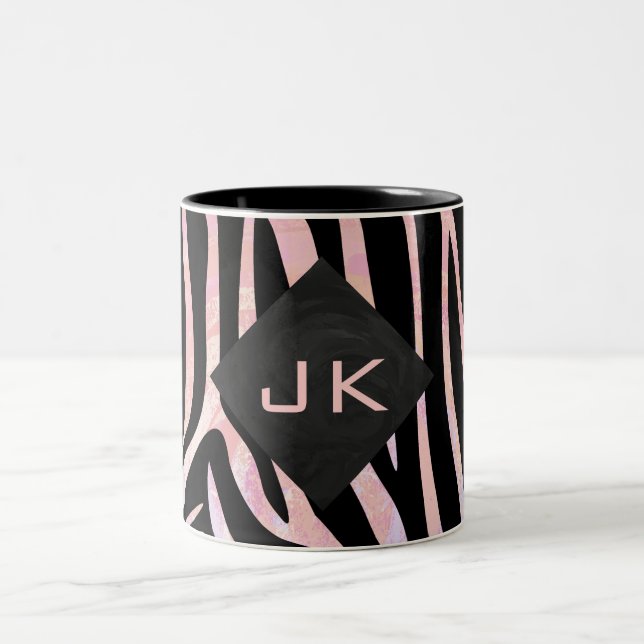 Zebra Black and Pink Monogram Two-Tone Coffee Mug (Center)