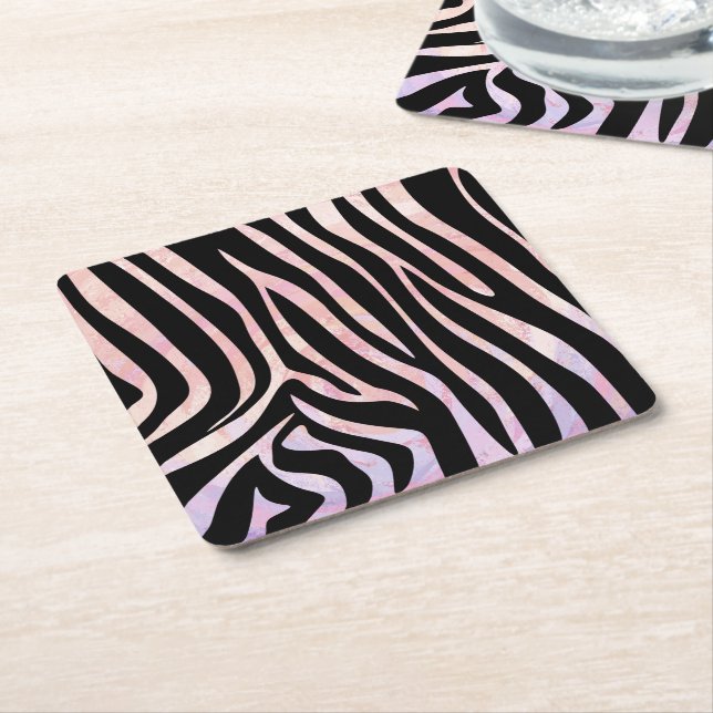 Zebra Black and Pink Print Square Paper Coaster (Angled)