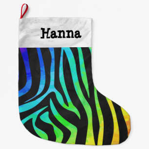 Zebra Black and Rainbow Print Large Christmas Stocking