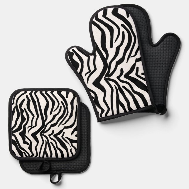 Zebra Black And White Hide Fur Pattern Oven Mitt & Pot Holder Set (Front/Back)