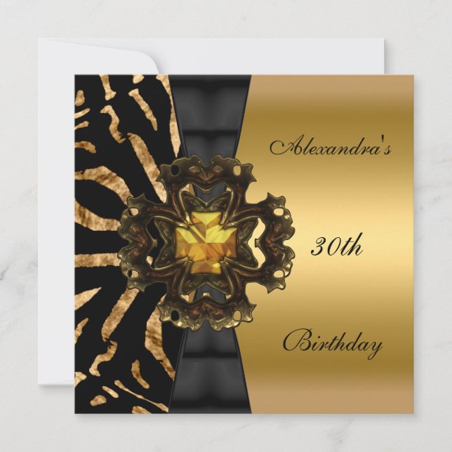 Zebra Black Gold Stripe 30th Birthday Party Invitation (Front)