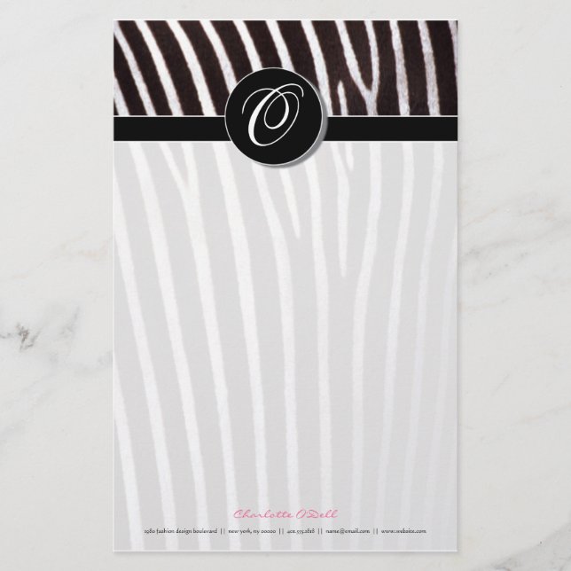 zebra; black monogram stationery (Front)