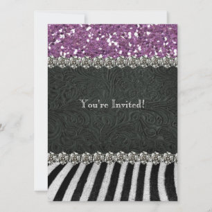 Zebra Black Purple Glitter Look Bridal Shower Invitation