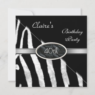 Zebra Black White Silver 40th Birthday Party Invitation