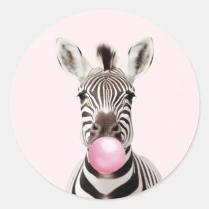 Zebra Blowing Pink Bubble Gum Playful Digital Art Classic Round Sticker