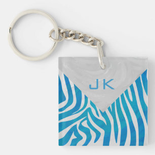 Zebra Blue and White with Monogram Keychain