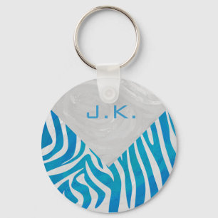 Zebra Blue and White with Monogram Keychain