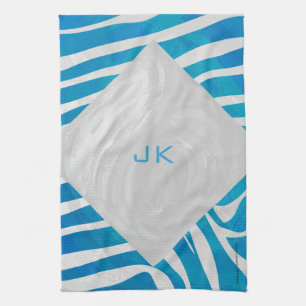 Zebra Blue and White with Monogram Kitchen Towel