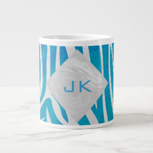 Zebra Blue and White with Monogram Large Coffee Mug