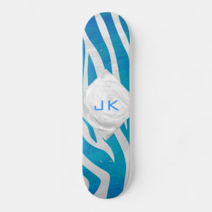 Zebra Blue and White with Monogram Skateboard