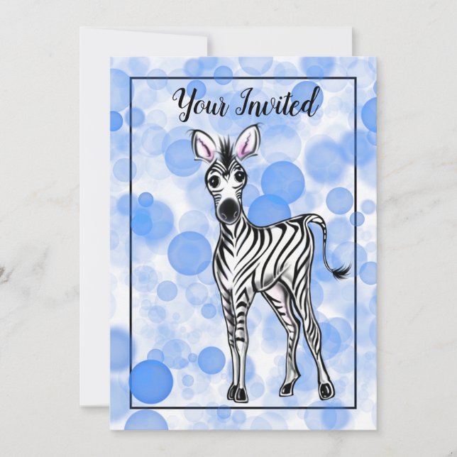 Zebra blue  bubble gum pattern invitation (Front)