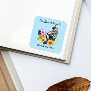 Zebra Blue Colourful Daisy Floral  Bookplate Square Sticker
