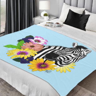 Zebra Blue Colourful Daisy Floral Wildlife Fleece Blanket