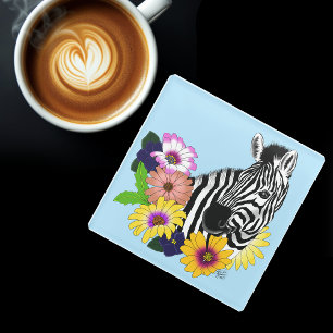Zebra Blue Colourful Daisy Floral Wildlife Glass Coaster