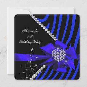 Zebra Blue Heart Jewel Gems Black Birthday Party Invitation