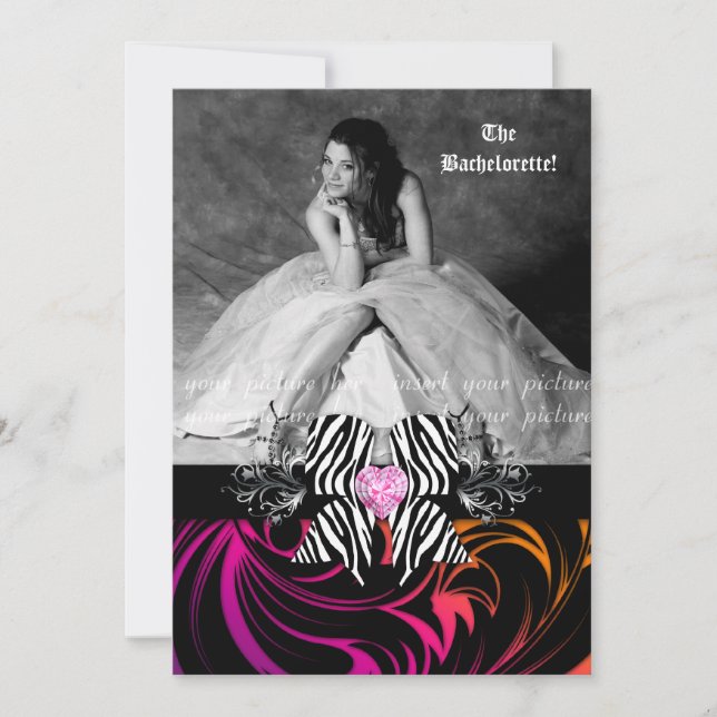 Zebra Bow Bachelorette Party Photo Orange Purple Invitation (Front)
