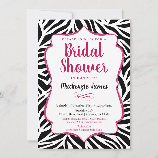 Zebra Bridal Shower Invitation Pink Black White (Front)