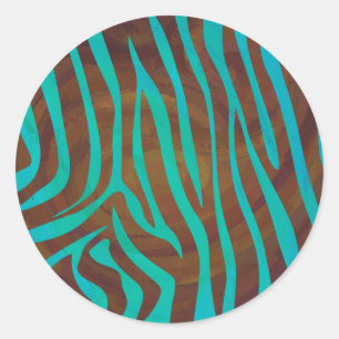 Zebra Brown and Teal Print Classic Round Sticker