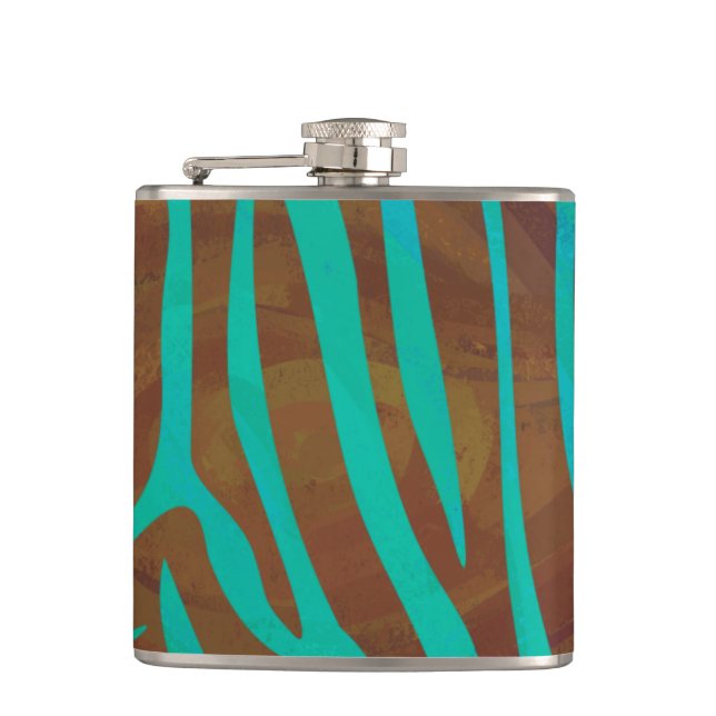 Zebra Brown and Teal Print Hip Flask (Front)