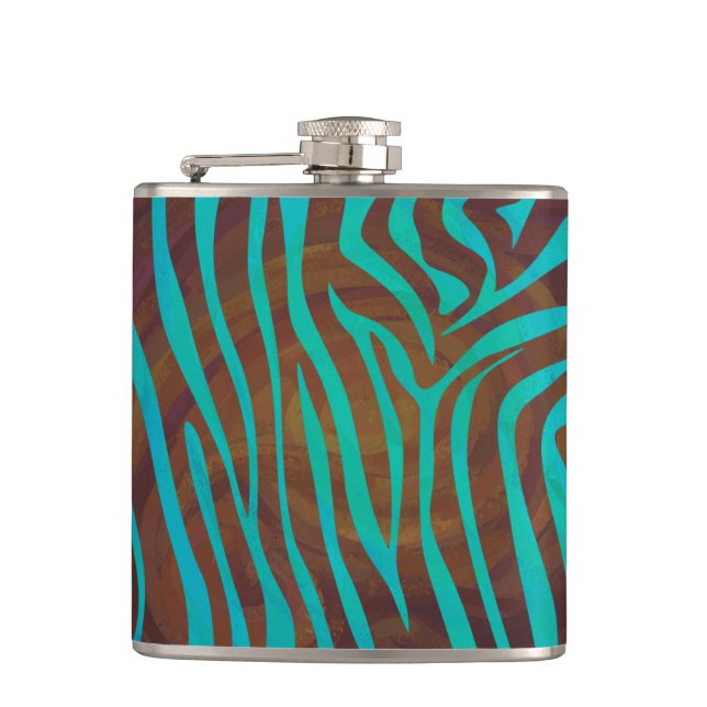 Zebra Brown and Teal Print Hip Flask (Front)