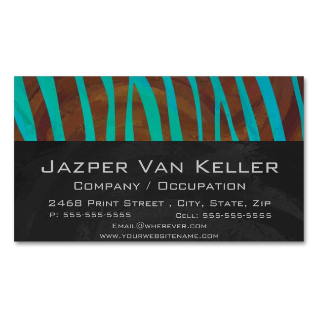 Zebra Brown and Teal Print Magnetic Business Card (Front)