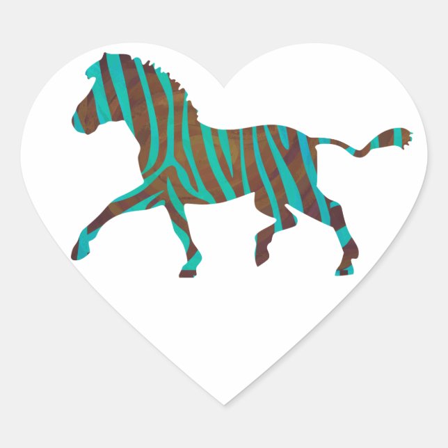 Zebra Brown and Teal Print Silhouette Heart Sticker (Front)