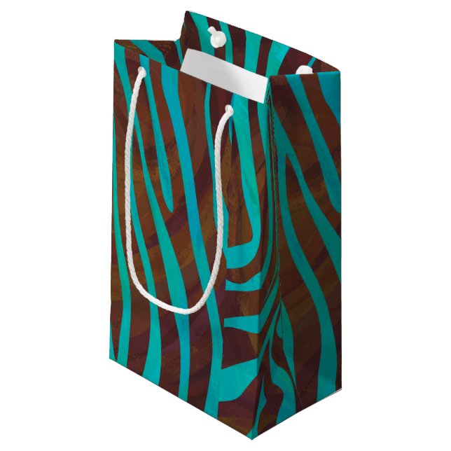 Zebra Brown and Teal Print Small Gift Bag (Front Angled)