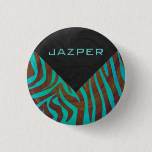 Zebra Brown and Teal with Monogram 1 Inch Round Button