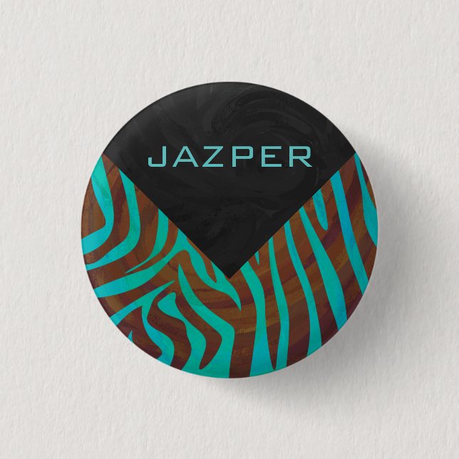 Zebra Brown and Teal with Monogram 1 Inch Round Button (Front)