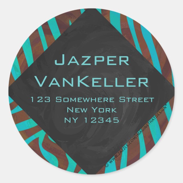 Zebra Brown and Teal with Monogram Classic Round Sticker (Front)