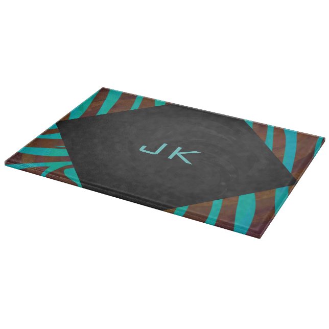Zebra Brown and Teal with Monogram Cutting Board (Corner)