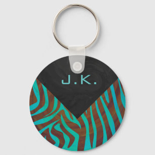 Zebra Brown and Teal with Monogram Keychain