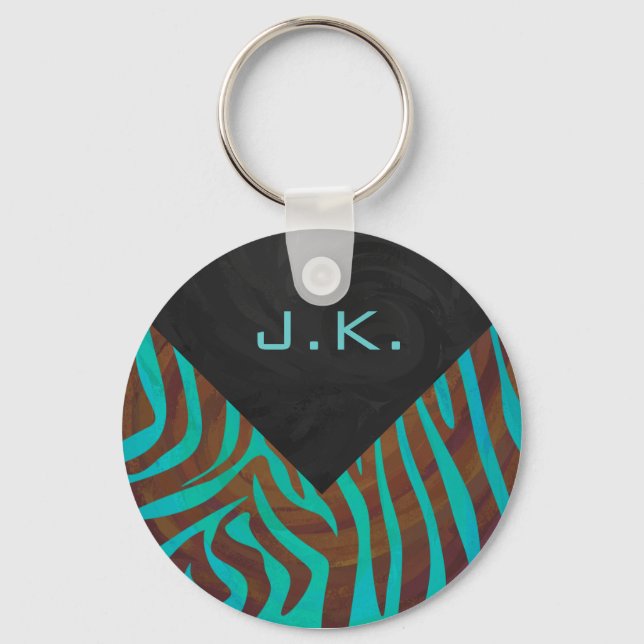 Zebra Brown and Teal with Monogram Keychain (Front)