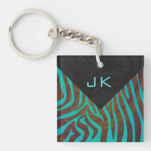 Zebra Brown and Teal with Monogram Keychain
