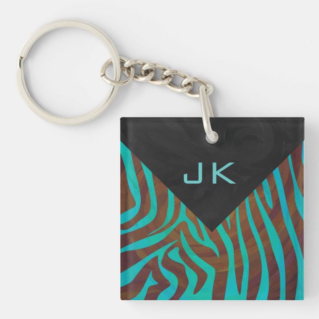 Zebra Brown and Teal with Monogram Keychain (Front)
