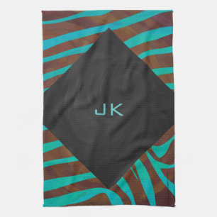 Zebra Brown and Teal with Monogram Kitchen Towel